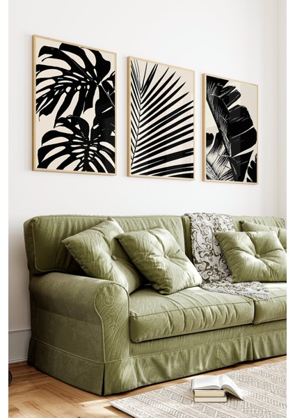 🖤 Siyah Beyaz Tropikal Yaprak Temalı 3’lü Çerçeveli Tablo Seti🌿 CRV1160 23 x 32 indirimleri