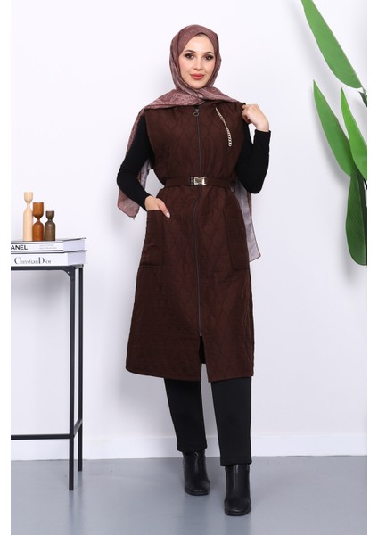 Kahverengi Kapüşonlu Kemerli Kapitone Yelek