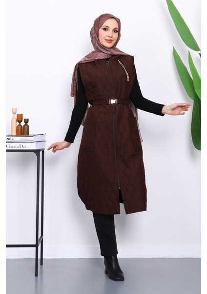 Kahverengi Kapüşonlu Kemerli Kapitone Yelek fiyatları