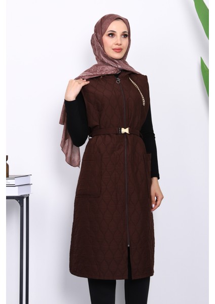 Kahverengi Kapüşonlu Kemerli Kapitone Yelek modelleri