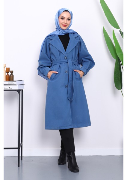 İndigo Balon Kol Bel Kemerli Kaşe Kaban