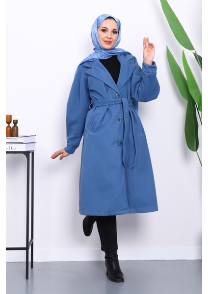 İndigo Balon Kol Bel Kemerli Kaşe Kaban fiyatları