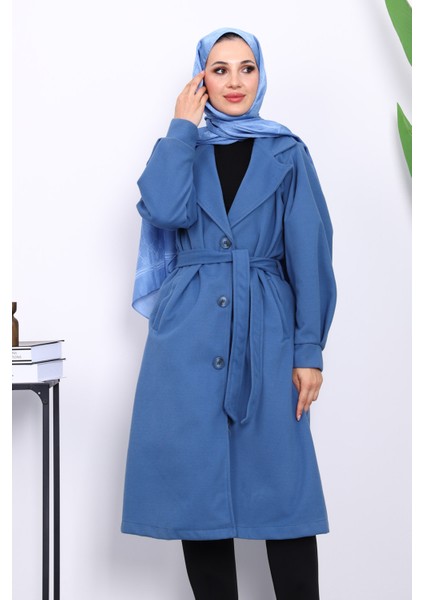 İndigo Balon Kol Bel Kemerli Kaşe Kaban modelleri