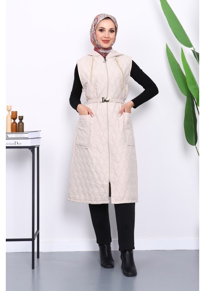 Taş Kapüşonlu Kemerli Kapitone Yelek