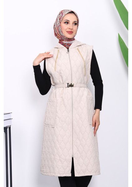 Taş Kapüşonlu Kemerli Kapitone Yelek modelleri