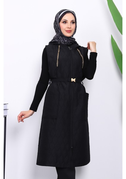 Siyah Kapüşonlu Kemerli Kapitone Yelek modelleri