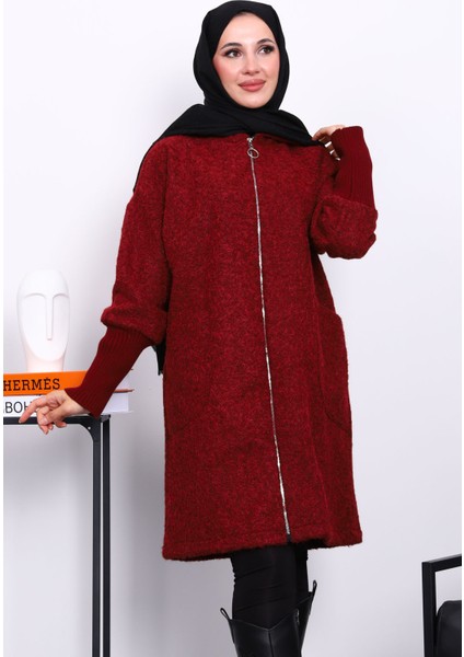 Bordo Fermuarlı Yün Kaşe Kaban