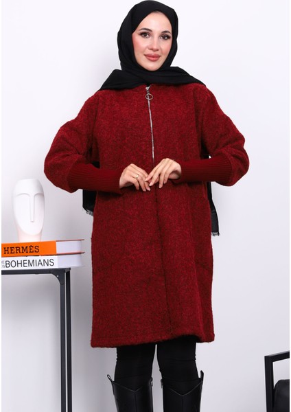 Bordo Fermuarlı Yün Kaşe Kaban modelleri