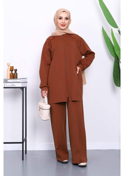 Kahverengi Fermuarlı Tunik Pantolonlu Scuba Takım