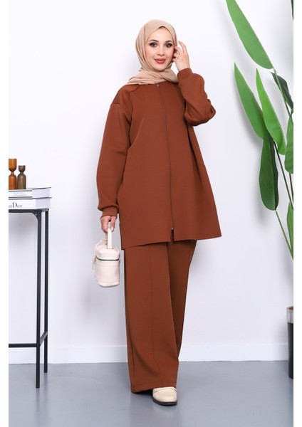 Kahverengi Fermuarlı Tunik Pantolonlu Scuba Takım fiyatları