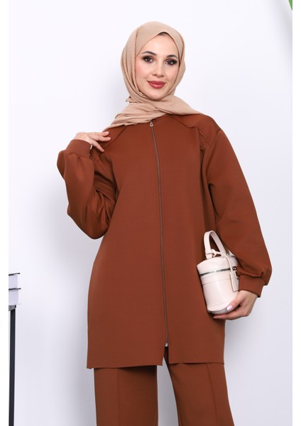 Kahverengi Fermuarlı Tunik Pantolonlu Scuba Takım modelleri