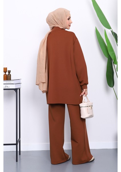 Kahverengi Fermuarlı Tunik Pantolonlu Scuba Takım fırsatları