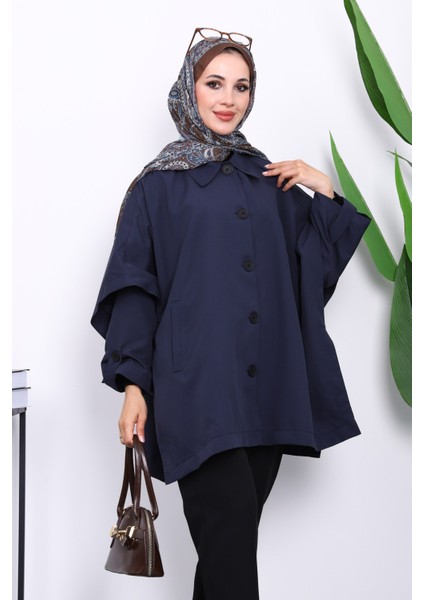 Lacivert Oversize Düğmeli Panço Trenç modelleri