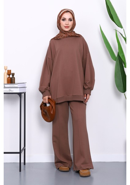 Kahverengi İki İplik Oversize Pantolonlu Takım