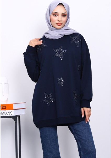 Lacivert Bisiklet Yaka Taşlı Modal Sweatshirt