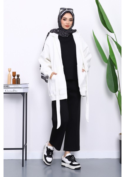 Ekru Bağcık Detaylı Üç İplik Kapşonlu Hırka fiyatları