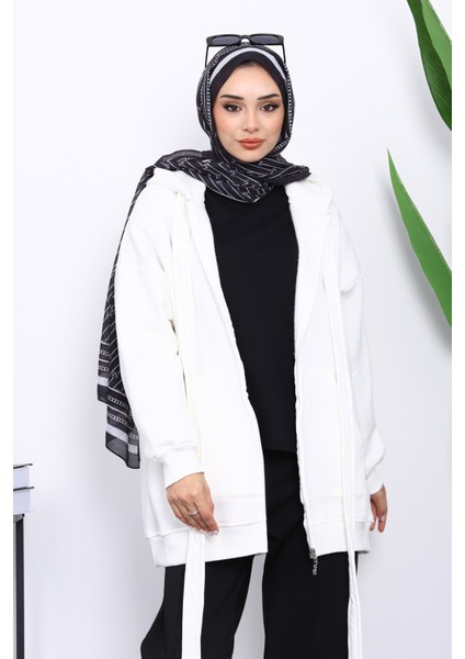 Ekru Bağcık Detaylı Üç İplik Kapşonlu Hırka modelleri