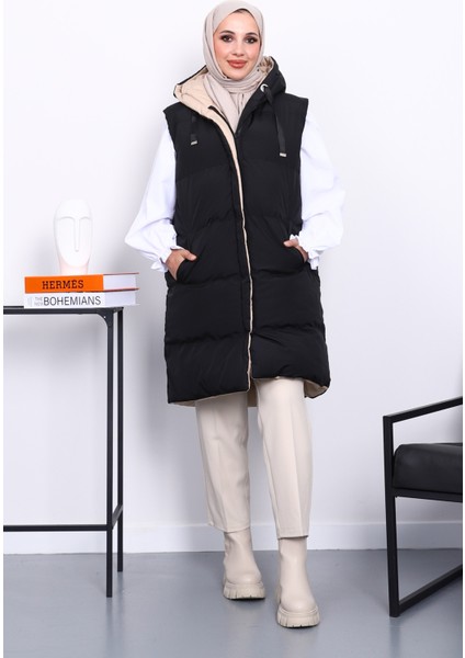 Siyah Çift Taraflı Kapşonlu Şişme Yelek
