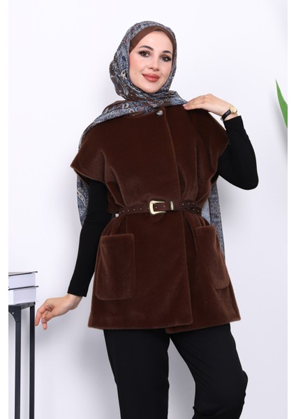 Kahverengi Cepli Kemerli Kaşe Yelek