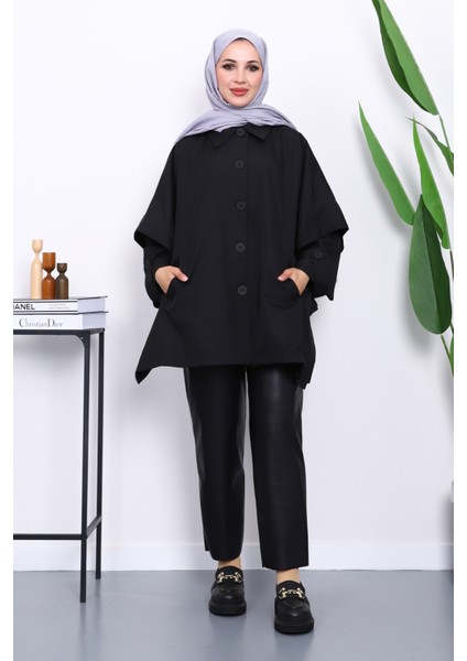 Siyah Oversize Düğmeli Panço Trenç fiyatları