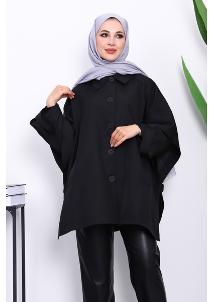 Siyah Oversize Düğmeli Panço Trenç modelleri