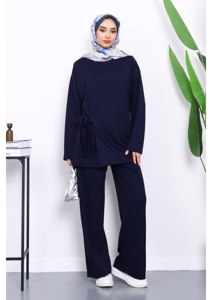 Lacivert Yandan Kuşak Bağlamalı Pantolonlu Takım