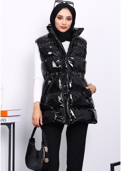 Siyah Fermuarlı Şişme Rugan Yelek