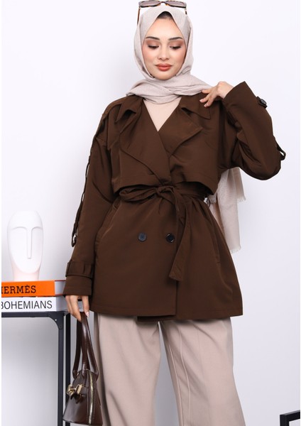 Kahverengi Kruvaze Yaka Astarlı Kısa Trençkot modelleri
