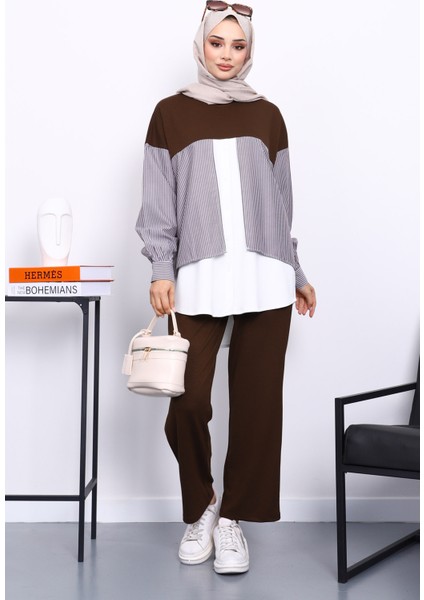 Kahverengi Garnili Tunik Pantolonlu Modal Takım