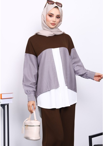 Kahverengi Garnili Tunik Pantolonlu Modal Takım modelleri