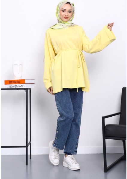 Sarı Dikiş Detaylı Yanları Yırtmaçlı Sweatshirt fiyatları