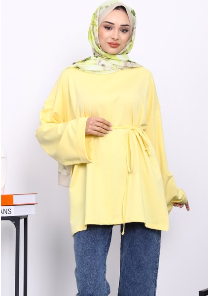 Sarı Dikiş Detaylı Yanları Yırtmaçlı Sweatshirt modelleri