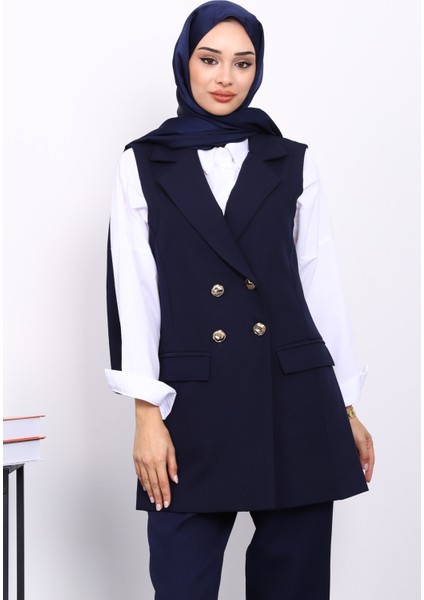 Lacivert Kravuze Yaka Astarlı Yelek
