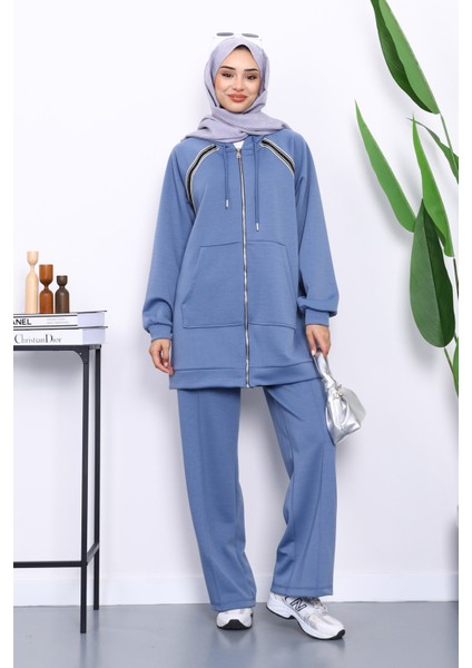 İndigo Fermuarlı Tunik Pantolonlu Modal Takım