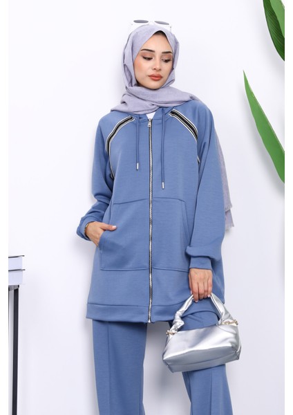 İndigo Fermuarlı Tunik Pantolonlu Modal Takım modelleri