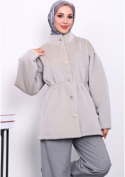 Gri Bel Lastikli Düğmeli Kaşe Kaban