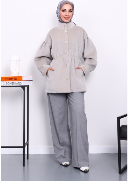 Gri Bel Lastikli Düğmeli Kaşe Kaban fiyatları