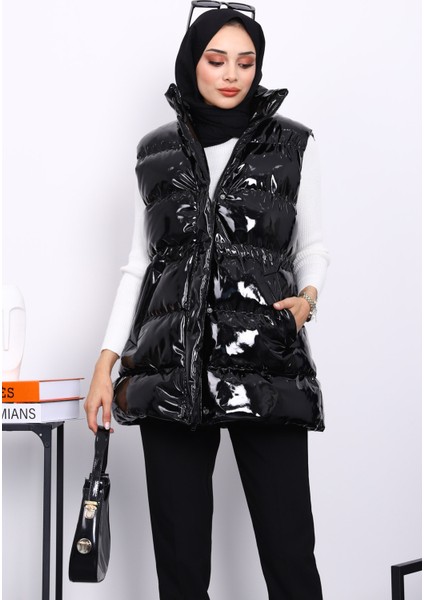 Siyah Fermuarlı Şişme Rugan Yelek modelleri