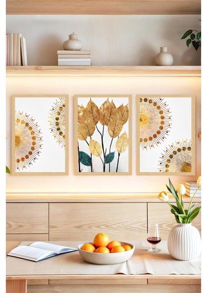 🍁 Altın Yapraklar ve Soyut Güneş Motifli 3’lü Tablo Seti – Parlak, Şık ve Sanatsal🌟 CRVS1148 13 x 17