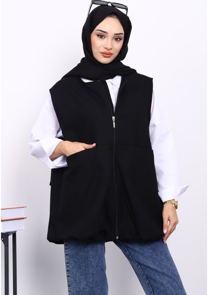 Siyah Fermuarlı Oversize Astarlı Yelek