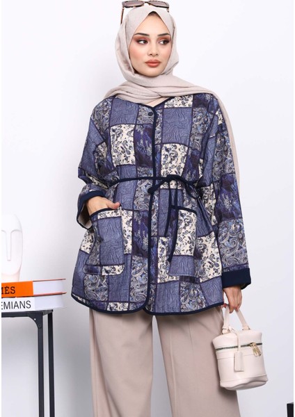 Lacivert Etnik Desenli Çıtçıtlı Ceket