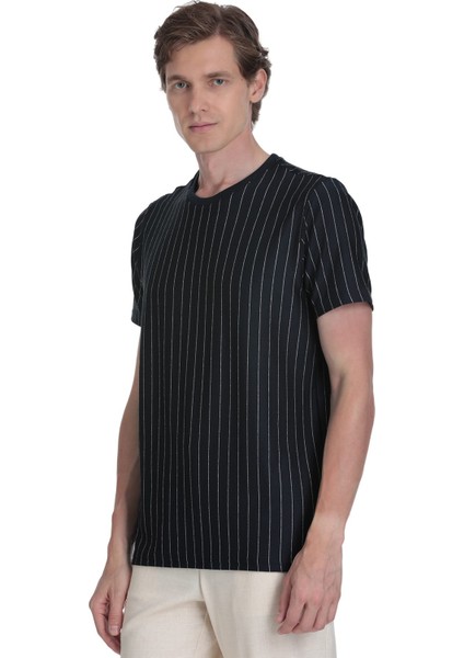 Lacivert Regular Fit Çizgili Bisiklet Yaka Tişört