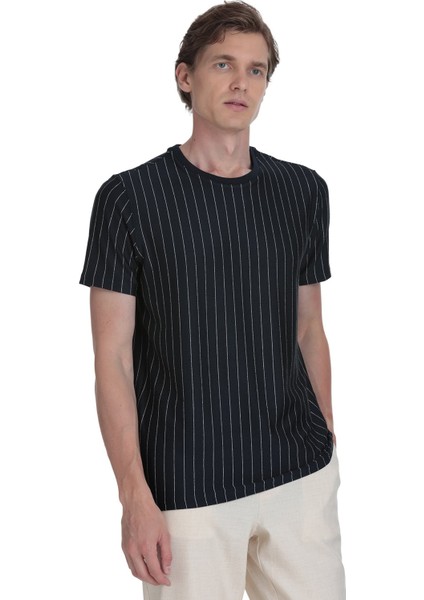 Lacivert Regular Fit Çizgili Bisiklet Yaka Tişört modelleri