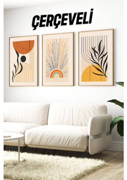 ☀️ Modern Geometrik Çizgili Güneş ve Doğa Temalı 3’lü Ahşap Çerçeveli Tablo Seti🌿 CRV1163 23 x 32