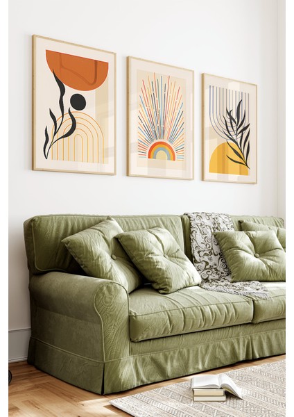 ☀️ Modern Geometrik Çizgili Güneş ve Doğa Temalı 3’lü Ahşap Çerçeveli Tablo Seti🌿 CRV1163 23 x 32 indirimleri