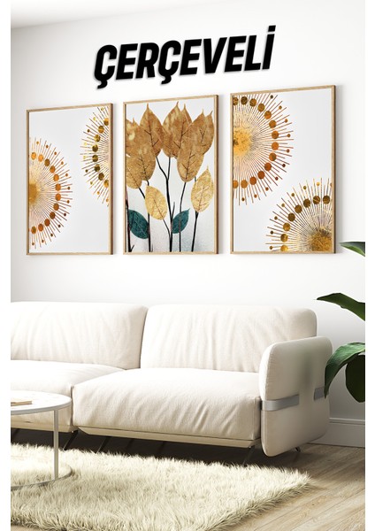 🌿 Altın Işıltılı Yapraklar ve Geometrik Desenler Temalı 3’lü Çerçeveli Tablo Seti 🌿CRV1148 23 x 32