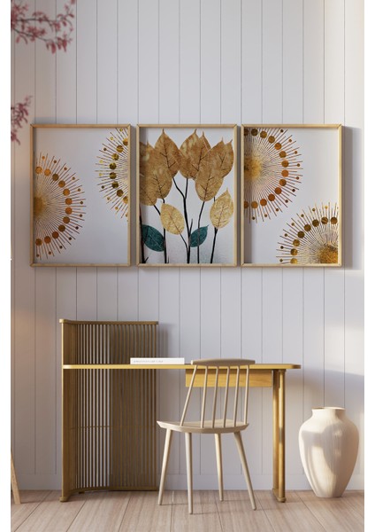 🌿 Altın Işıltılı Yapraklar ve Geometrik Desenler Temalı 3’lü Çerçeveli Tablo Seti 🌿CRV1148 23 x 32 fiyatları