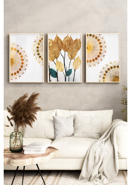 🌿 Altın Işıltılı Yapraklar ve Geometrik Desenler Temalı 3’lü Çerçeveli Tablo Seti 🌿CRV1148 23 x 32 fırsatları