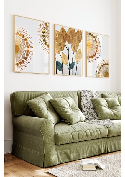 🌿 Altın Işıltılı Yapraklar ve Geometrik Desenler Temalı 3’lü Çerçeveli Tablo Seti 🌿CRV1148 23 x 32 indirimleri