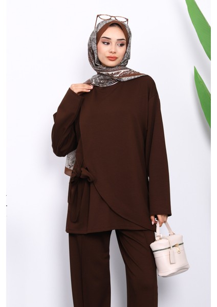 Kahverengi Yandan Kuşak Bağlamalı Pantolonlu Takım modelleri